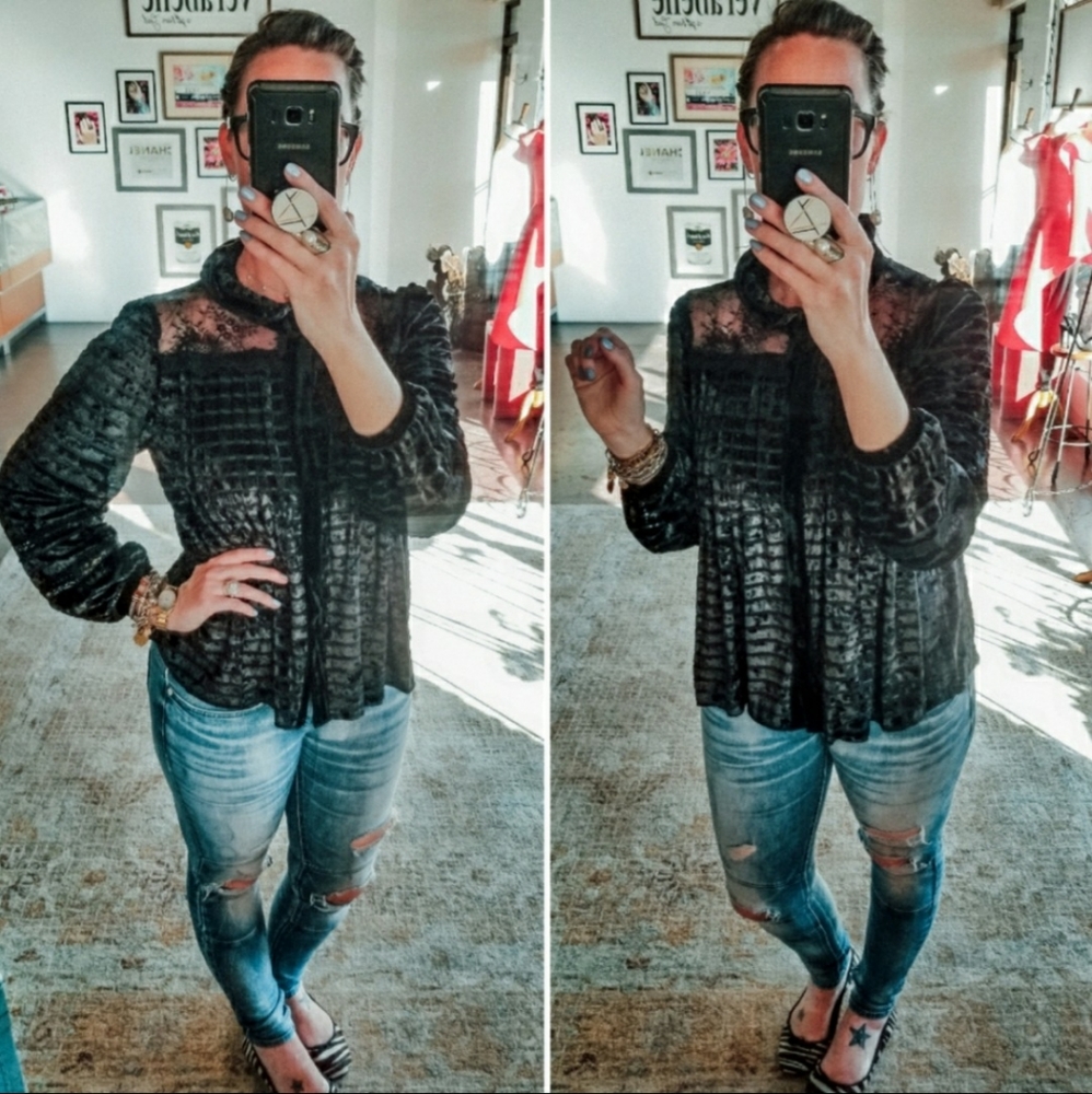 POL Black Velvet and Lace Long Sleeve Blouse